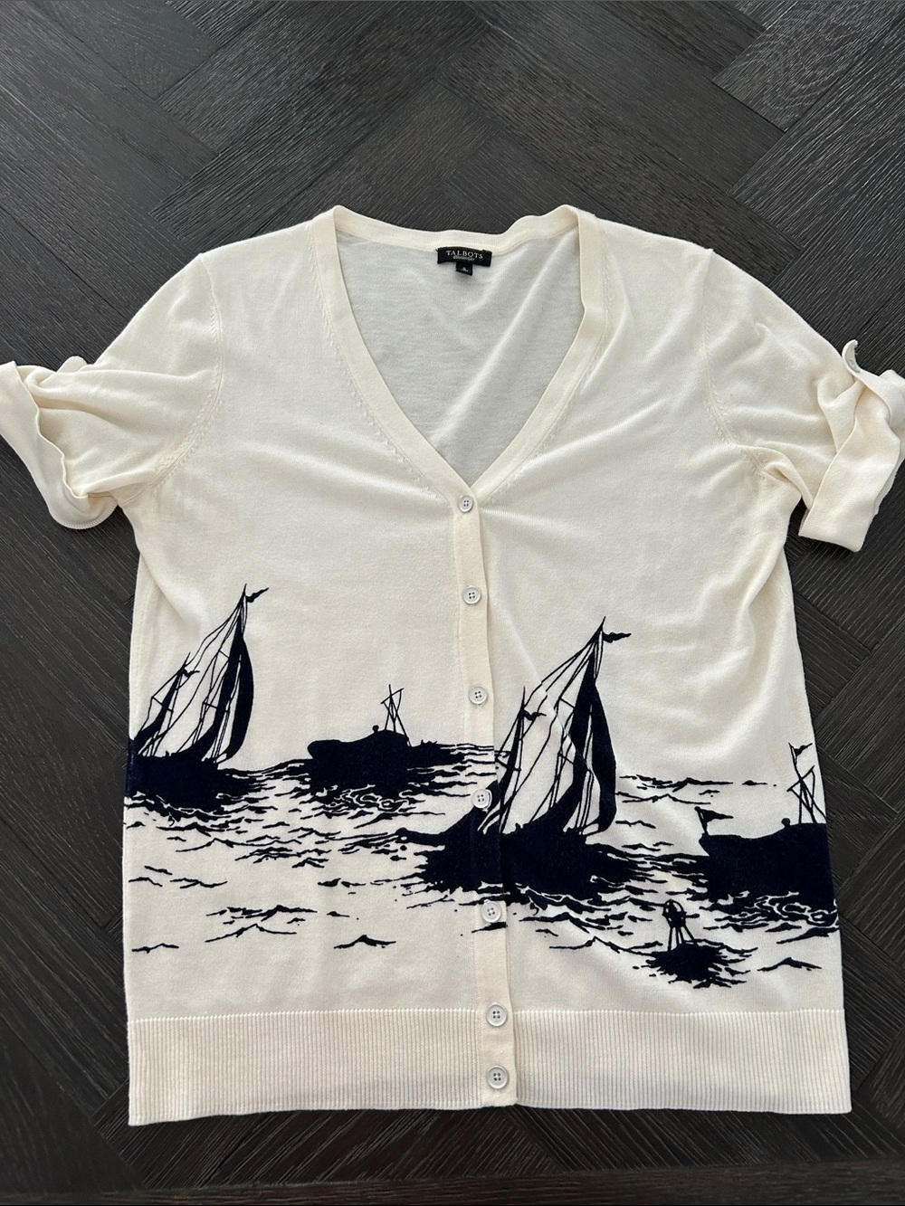 Talbots Cream Short-Sleeve Button Cardigan with Navy Sailboat Scene